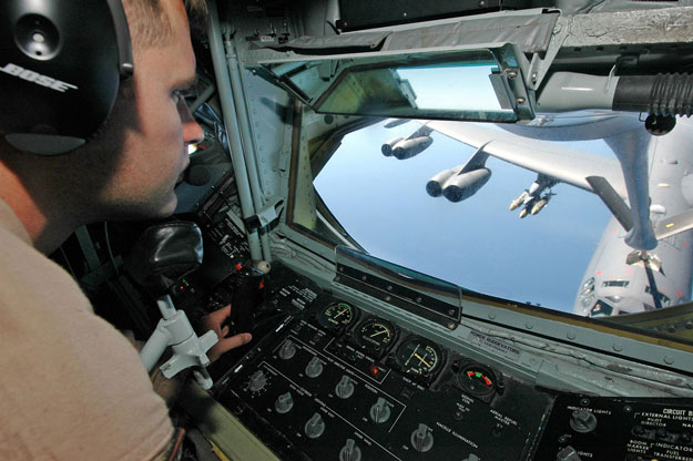 A Boeing KC-135 Stratotanker air-refueling a B-52